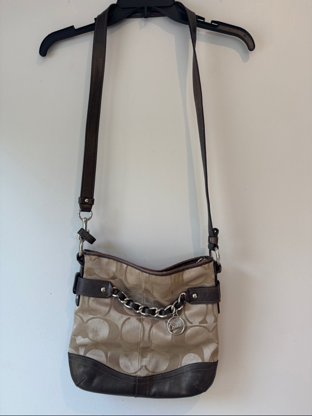Coach Signature Crossbody Sateen w/Brown Leather Trim & Gold Chain Accent *READ*